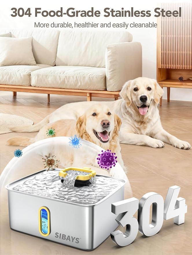 SIBAYS 4Gal/15L Stainless Steel Large Dog Water Fountain, Ultra Quiet Automatic Pet Water Fountain, Dog Water Bowl Dispenser with Water Level Window and LED Light, Easy to Clean(FS78, Silver-Yellow)