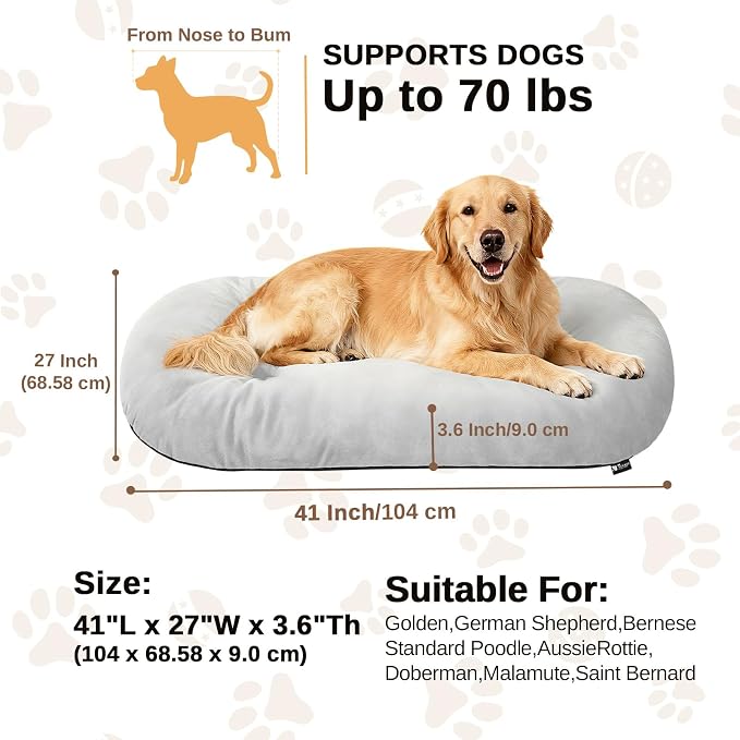 Washable Oval X-Large Dog Bed, Silver-Tipped High-Resilience, Light Gray | Non-Slip Bottom Prevents Sliding, Soft Plush Short Fur, Machine Washable, Ideal for Crates/Apartments/Cozy Nooks,41"x27"x3.6"