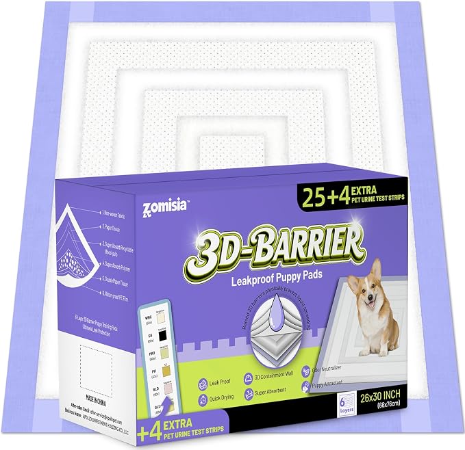 ZOMISIA 3D-Barrier Puppy Pee Pads for Dogs, 12 Cups Absorb & Rise Puffy Gel-Wall Leak-Proof, 26"x30" 25 Counts + 4 Pet Urine Test Strips, Super Absorbent Disposable Potty Training Pads