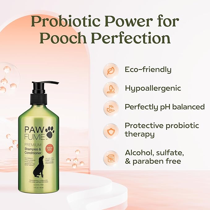 PAWFUME Deshedding Dog Shampoo and Conditioner, Show Dog, 1-Pack – Nourish & Detangle for Silky Soft Coat – Probiotic, Deep-Cleaning, pH-Balanced Formula – Salon-Quality Shampoo for Dogs