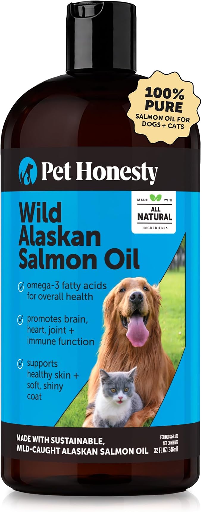 Wild Alaskan Salmon Oil for Dogs & Cats - Omega-3 Fish Oil with EPA + DHA Omega Fatty Acids, Sockeye Salmon, Skin & Coat Support, Pure Food Topper, Supports Joints, Brain & Heart Health - 32 oz