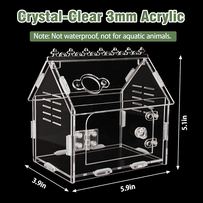 Magnetic Acrylic Spider Enclosure Kit - 5.9"x3.9"x5.1" Escape-Proof Terrarium for Jumping Spiders, Tarantulas & Mantis with Secure Magnetic Door & Ventilation