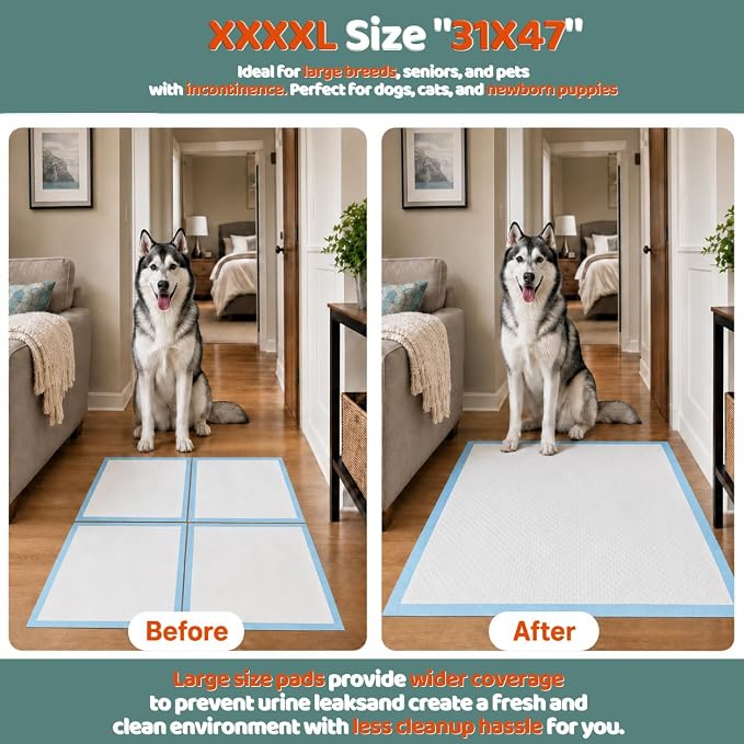 Gimars XXXL 31X47” 40 Count 1200ML Super Absorbent Thicken 6-Layer Ultra Large Dog Pee Pads — Leak-Proof Odor-Control Quick-Dry Training Pads for Large Senior Dogs, Puppies, Cats & Pets