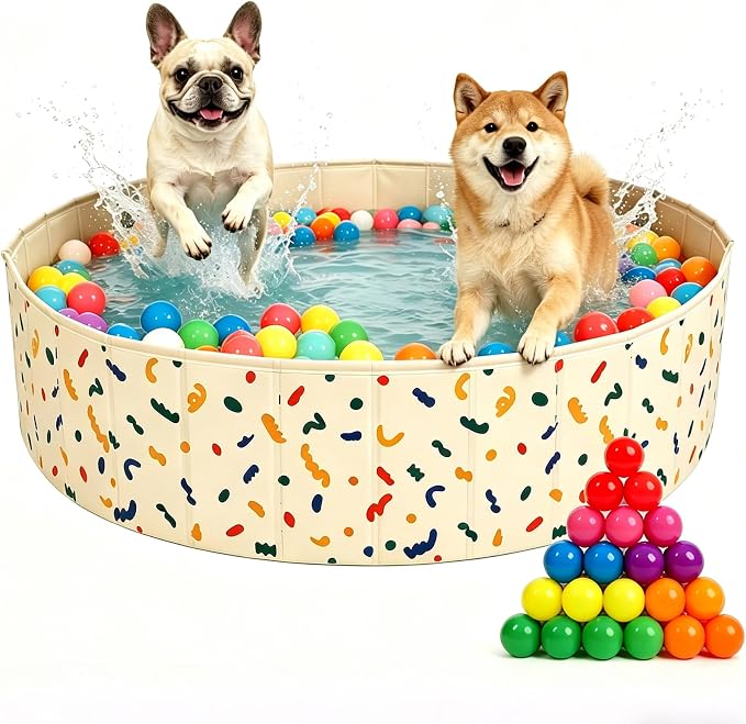 Foldable Dog Pool & Dog Ball Pit with Balls Included, Portable Multifunctional Ball Pit for Dogs & Cats, Anti-Collapse Non-Slip Pet Play Pool (Beige L+85 Balls)