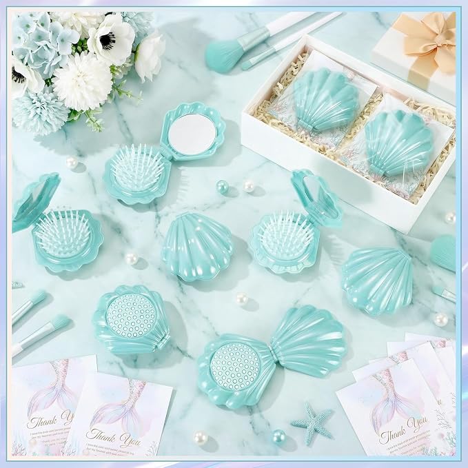 LemonRoad 24 Sets Mermaid Party Favors Shell Hair Brush with Mirror Card, Foldable Mini Travel Compact Hair Brush for Women Birthday, Bachelorette, Under The Sea, Beach Party Gifts(Teal)