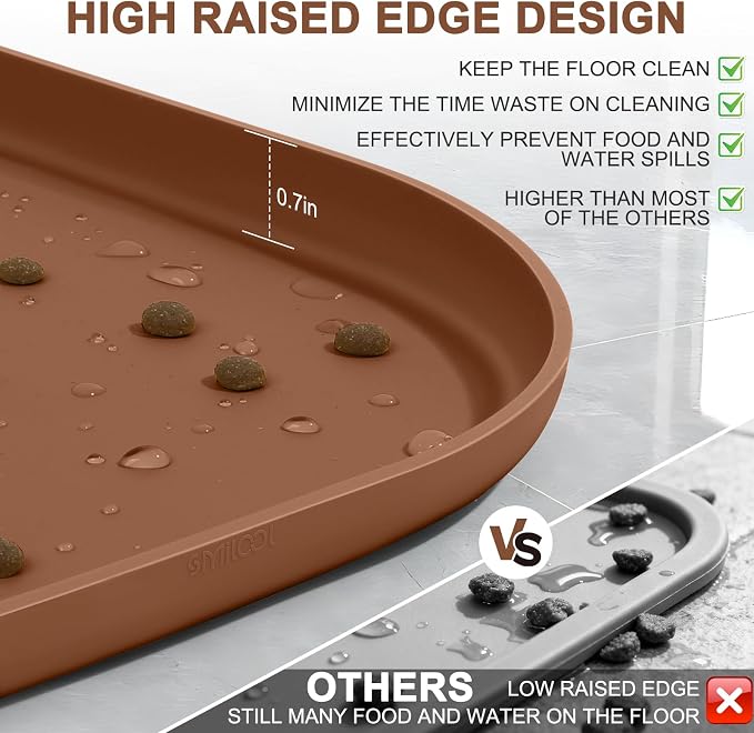 SMILOOL Waterproof Silicone Pet Food Mat with Raised Edge for Dog & Cat | 12" x 12" Non-Slip Small Pet Feeding Mats with Lip for Food & Water Bowl, Food Grade, Easy Cleaning, Brown