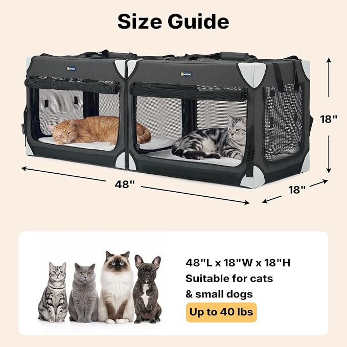 Veehoo Extra Large Cat Travel Carrier with Litter Box for 2 Cats, 48 inch Collapsible Dog Crate for Small Medium Dogs, 2 in 1 Cat Pet Puppy Kitten Foldable Car Carrier Soft Sided for Road Trip, Black