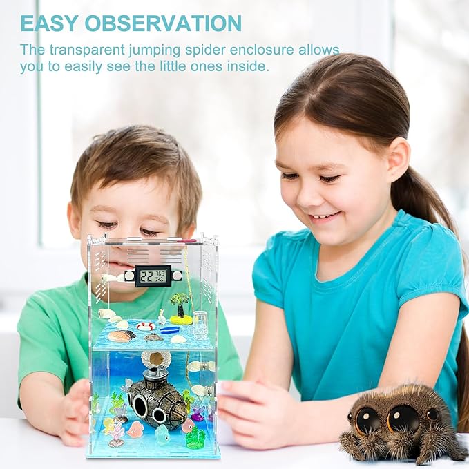 Jumping Spider Enclosure,DIY Insects Habitat,Small Reptile Terrarium Glass House Accessories Set,with Temperature and Humidity Detector Water Feeder Platform Hide,5.5“x5.5”x9.5“ (Ocean)