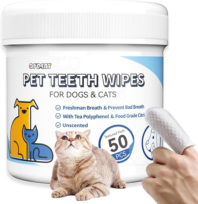 Opdent Dog Dental Wipes for Teeth Cleaning 50 Count, Unscented Pet Finger Toothbrush Alternative for Cats and Puppies, No-Rinse Breath Freshener with Coconut Oil