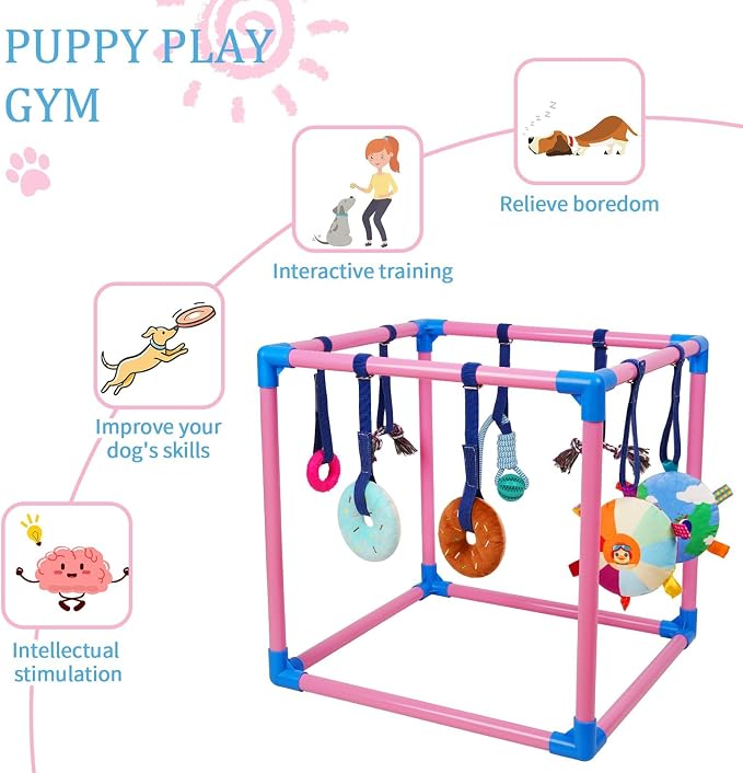 Liitrton Puppy Play Gym for Small Dogs with 8 Hanging Toys, Pink | 19.5"x19.5"x19.5" PVC Frame, Indoor Puppy Jungle Gym with Interactive Puppies Toys