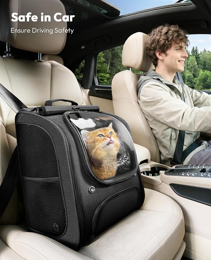 Pecute Cat Backpack Carrier,Large Space Cat Bubble Backpack,Ergonomic,Black | Sunshade Curtain,Transparent Window,Safety Rope,Sturdy,Large Mesh on Both Sides for Breathability,Suitable for Outdoor,Vet