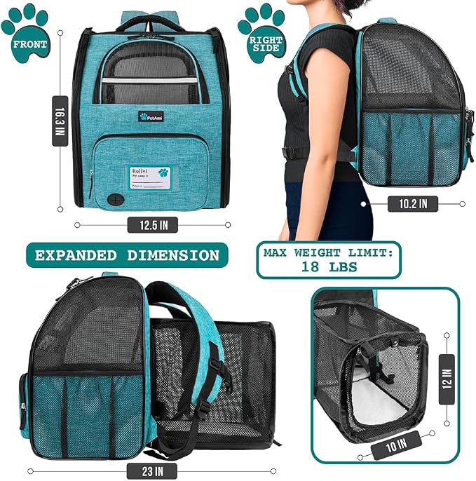 PetAmi Expandable Dog Backpack Carrier for Cats & Pets, Breathable Cat Carrier Backpack with Top Window & Multi-Entry, Ventilated Foldable Travel Carrier for Small Medium Pets up to 18 lbs, Teal Blue