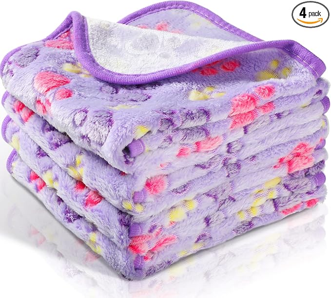 Tatuo 4 Pack Fleece Dog Blankets for Puppy Cats Multi-Size Sleep Mat for Pet Guinea Pig Soft Washable Warm Crate Bed Puppy Teething Toys Print Pattern Blanket Indoor(Purple,24 x 16 Inch,Paw)