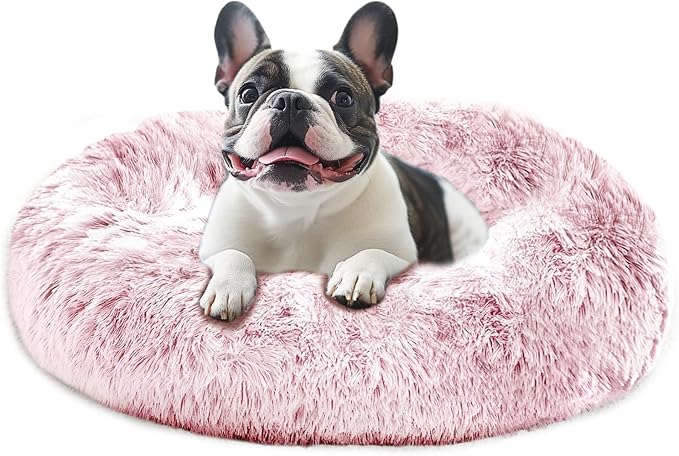 JOLLYVOGUE Calming Dog Beds Large Sized Dog, 36in Donut Washable Large Pet Bed, Anti-Slip & Anti-Anxiety Fluffy Faux Fur Round Dogs Bed, Fits up to 80 lbs Pets (Smoke Pink)