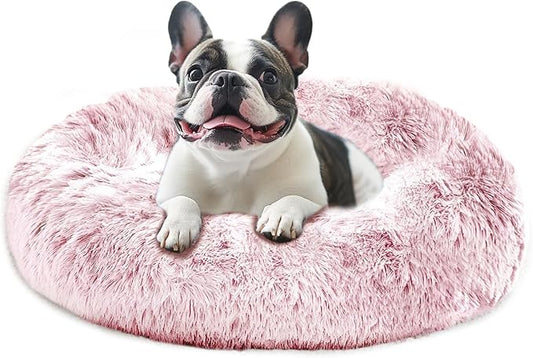 JOLLYVOGUE Calming Dog Beds Large Sized Dog, 36in Donut Washable Large Pet Bed, Anti-Slip & Anti-Anxiety Fluffy Faux Fur Round Dogs Bed, Fits up to 80 lbs Pets (Smoke Pink)