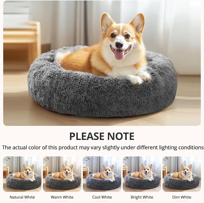 JOLLYVOGUE Calming Dog Beds Large Sized Dog, 36in Donut Washable Large Pet Bed, Anti-Slip & Anti-Anxiety Fluffy Faux Fur Round Dogs Bed, Fits up to 80 lbs Pets (Smoke Black)