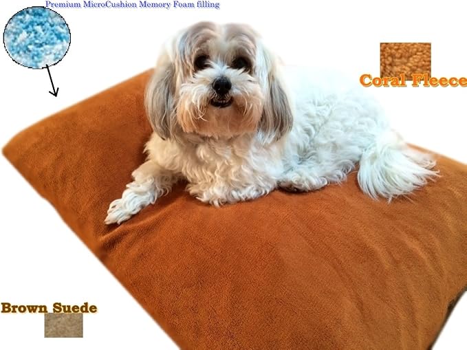 Durable Comfort Micro-Cushion Memory Foam Pet Dog Pillow Bed with Waterproof Liner + External Cover for S,M,L Dogs- Complete Set (Sudan Brown Coral Fleece, 36''x29'')