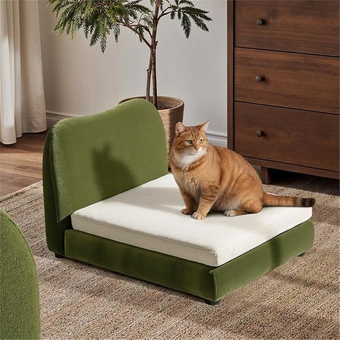 Pemberly Row Upholstered Pet Bed, Olive Green Performance Velvet, 25.5" Wx32 Dx20.5 H, Small to Medium Pets, Furniture-Grade Wood Frame, Removable Cushion, Modern Design for Living Room or Bedroom