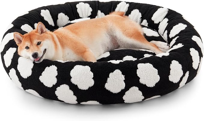 JOEJOY Jacquard Donut Round Dog Beds Medium Sized Dog,Black 30x30x8in, Removable Washable Cover, Cute Pattern, Ultra Soft Fluffy Calming Pet Bed with Thick Supportive Bolster