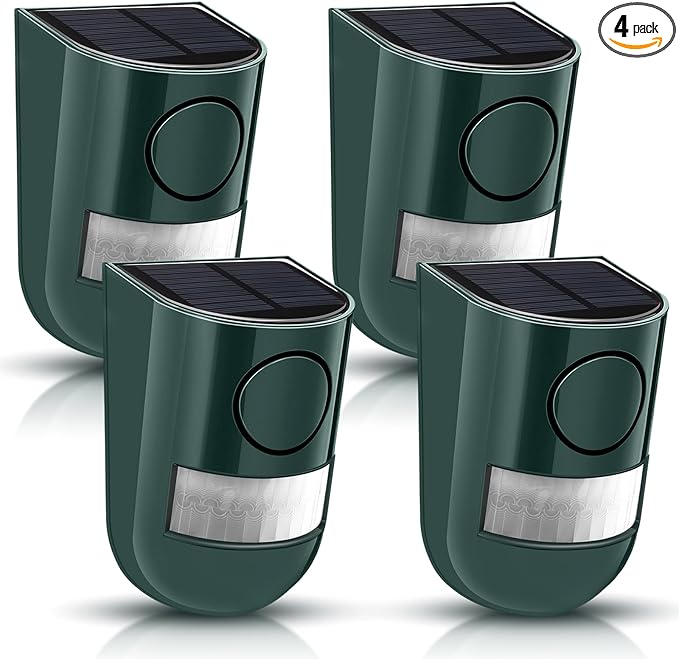 Qualirey 4 Pack Solar Sound and Light Alarm Motion Sensor 129db Outdoor Security Siren Waterproof Motion Activated Detector Alarm 6 LEDs Flash Warning Strobe System for Home, Farm (Green)