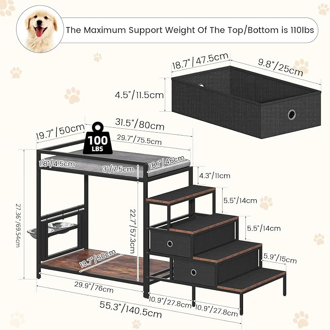 kepptory Dog Window Perch with 360° & Adjustable Raised Feeder, Pet Stairs Ramp with Seat with Stairs and Storage, Pet Bunk Bed with Small Pet Step