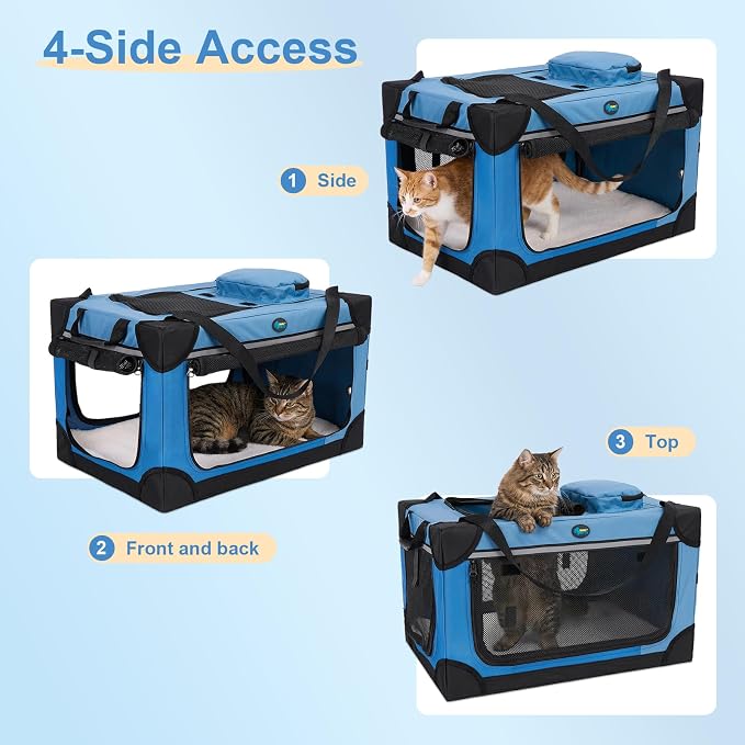 Ownpets Extra Large Cat Carrier for 2 Cats Small Dogs, 24 Inches Collapsible Soft Dog Crate for Car Travel, Portable Pet Carrier with Soft Mat, Blue | Foldable, Portable, 4-Doors, 4-Side Mesh Windows, Steel Frame Oxford Cloth, Soft Cushion Mat, Leash, ...