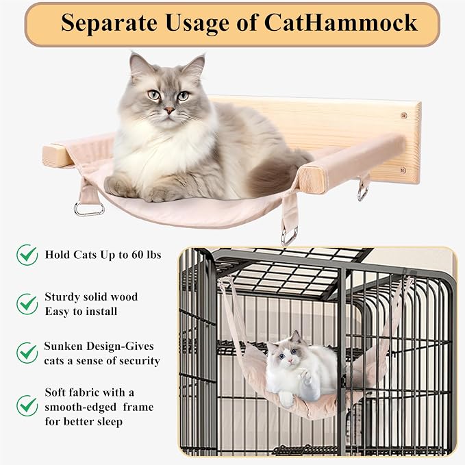 JSPYFITS Wooden Cat Furniture Wall Mounted, Double Layer Hammock, Large Size 18.9″ Removable Multi-Function Cat Bed for Sleep/Play/Climb, Kitten Window Perch, Easy DIY Installation(Beige)