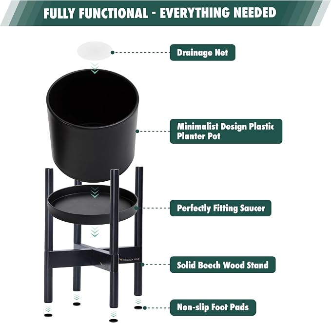 D'vine Dev Plastic Pot with Ebony Wood Stand, Black, 10 in, 55-C-N-2 | Mid-Century Inspired Design, Elevated Plant Display, Clean Lines, Sturdy Support, Modern Space-Saving Style