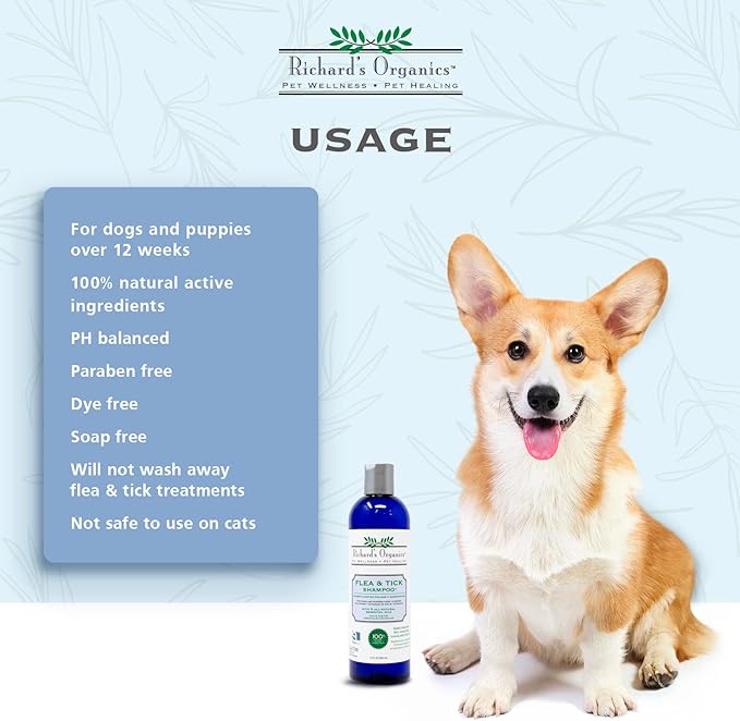 Richard’s Organics Flea and Tick Shampoo for Dogs – 100% All-Natural Actives Kills Fleas, Ticks and Repels Mosquitos – Gentle, Won’t Dry Skin, Great Smelling Essential Oils (12oz bottle),FG00440