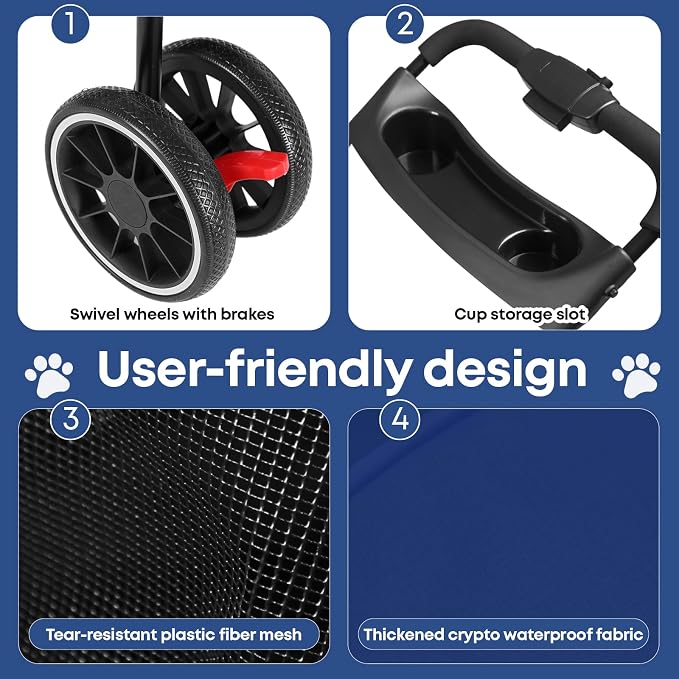 Pet Stroller,Dog Stroller for Small Medium Dogs Cats,3 Wheels,Navy Blue | Foldable,with Breathable Mesh Canopy,Cup Holders,Easy Assembly