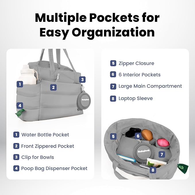 Puffer Dog Travel Bag for Dog Moms, Diaper Bag with Travel Bowls | 2 BPA-Free Collapsible Bowls, 2 Pet Food Containers, 9 Pockets, Everyday Puffer Bag Works With or Without Your Dog, Grey