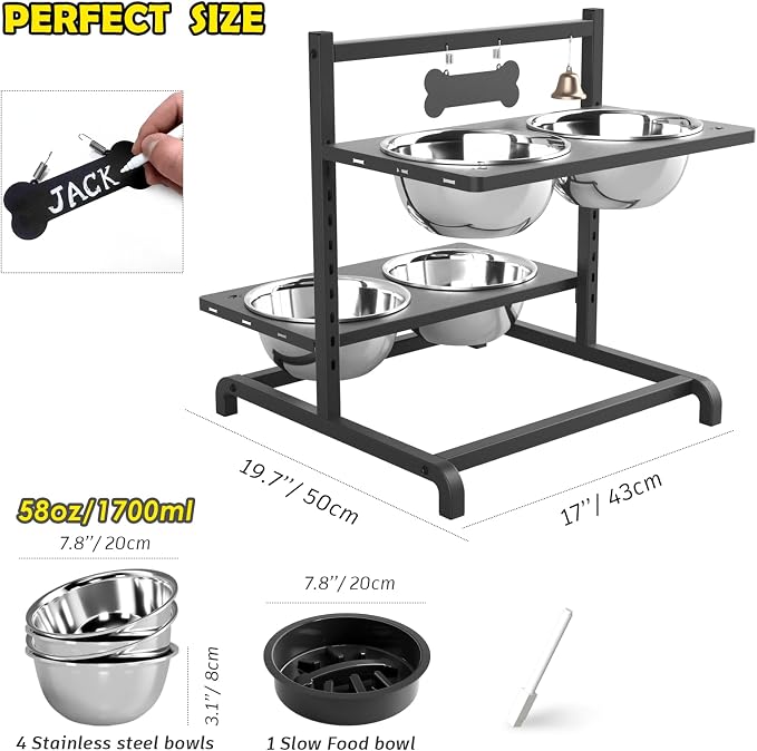 SHAINFUN Elevated Dog Bowl Stand with 4 Stainless Steel Bowls (58oz) & 1 Slow Feeder, 9 Height Adjustable Raised Dog Bowl from 4.9" to 14.5" for Large Dogs & Multi-Pet Homes