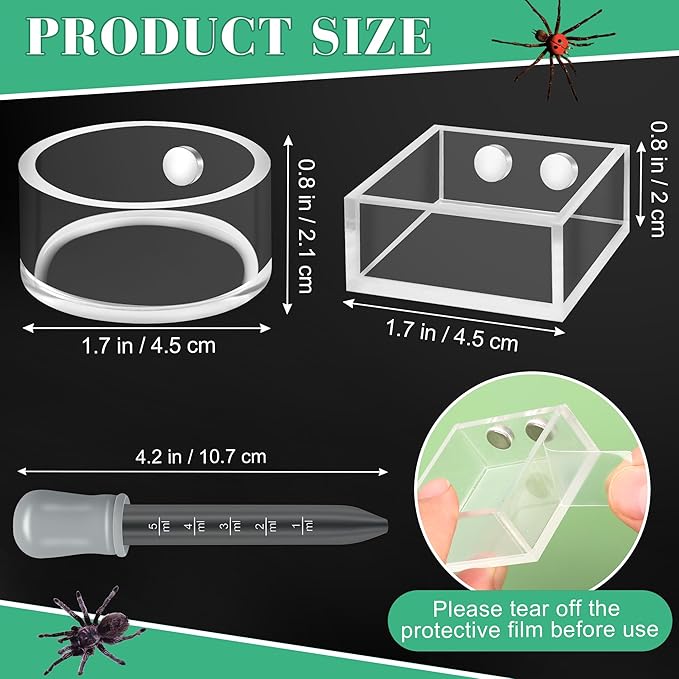 Windspeed 2+1P 1.8 inch Mini Jumping Spider Feeding Dish Magnet Tarantula Water Bowl for Spider Feeder Water Dish for Tarantula Tank Enclosure Accessories, with A Dropper (Square and Round)