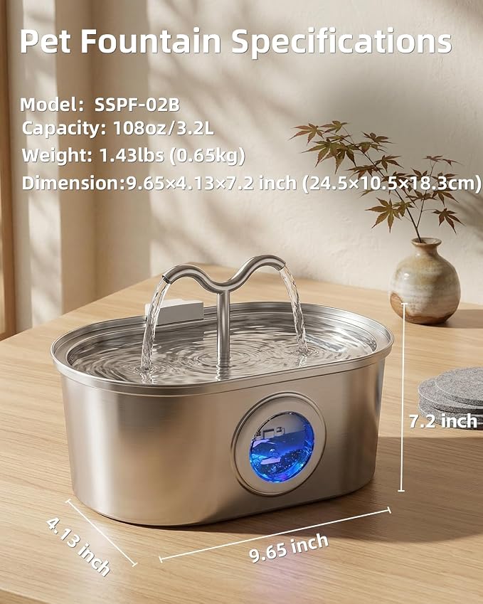 3.2L/108oz Stainless Steel Cat Water Fountain Pet Fountain | Automatic Pet Water Dispenser - Self-Designed Filtration System - Ultra-Quiet Pump - Easy Cleaning & Maintenance (6 Filters)