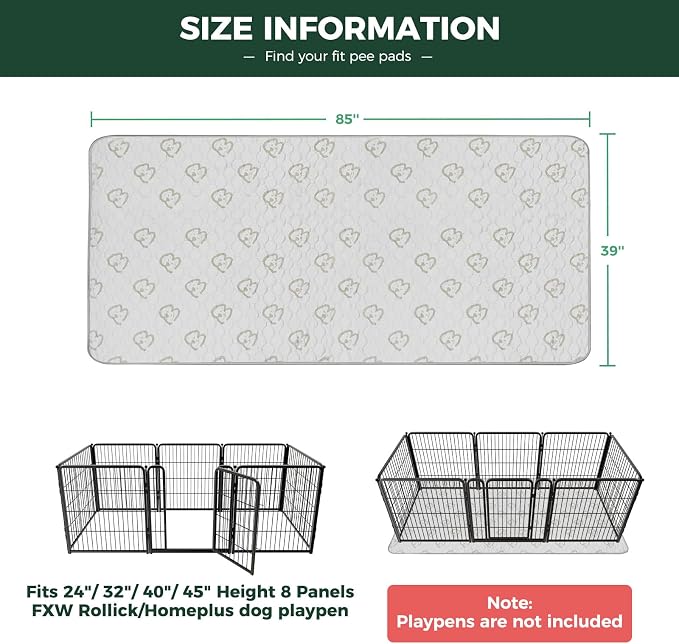 FXW Washable Pee Pads for Dogs, Super Absorbent, 39" x 85", 2 Packs | Machine washable, Non-slip backing, Fits 24"H 8-Panel FXW Rollick/Homeplus Playpens
