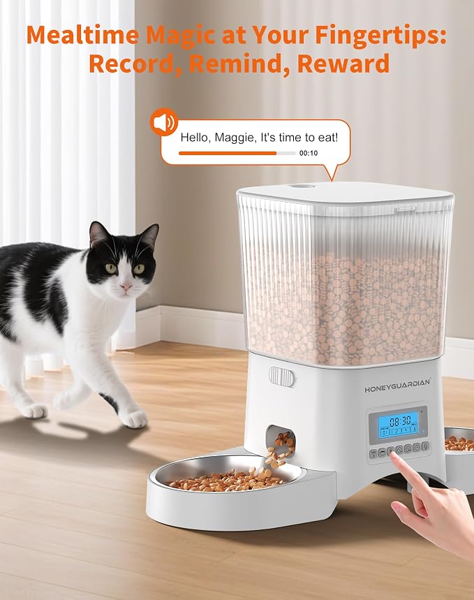 HoneyGuaridan Automatic Cat Feeder for 2 Cats,Automatic Cat Food Dispenser,Timed Pet Feeder for Cats and Dogs,Desiccant Bag, Programmable Portion Control,10s Voice Recorder