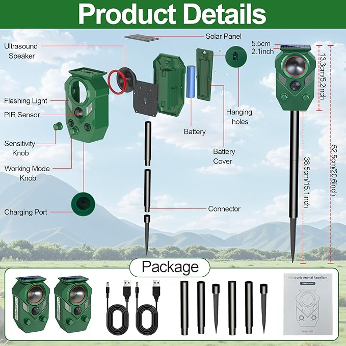 Solar Animal Repellent,Ultrasonic Cat Repellent Outdoor with Motion Sensor,Waterproof Deer Repellent with Flahing Light Defender Mouse,Squirrel,Raccoon,Skunk,Rabbit,Dog for Yard Farm Garden-2 Pack
