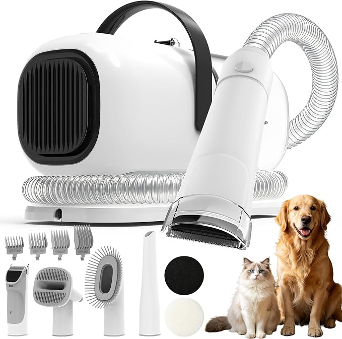 Dog Grooming Kit with Vacuum, 12000Pa Pet Electric Clipper & Cleaning Brush | PG01 All-in-One Pet Grooming Kit, Low-Noise Dog Vacuum for Shedding Grooming, Pet Hair Remover Vacuum