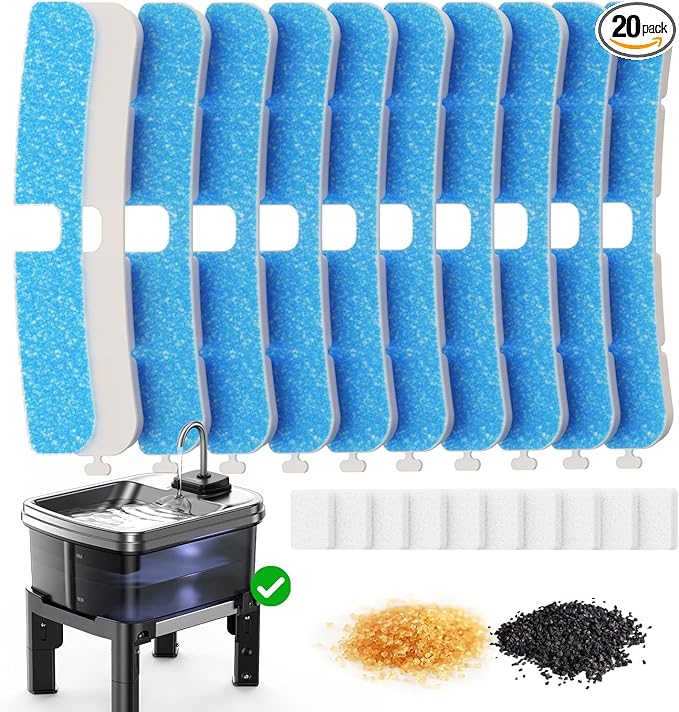10 Pcs Replacement Filters & 10 Pcs Pump Filters Sponges, Multi-Layer Filtration System Carbon Filters Compatible with 9L/2.38Gal 3 Heights Adjustable Fountain (FN-W25)