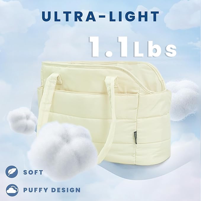 Lightweight Puffy Dog Purse Carrier for Small Dogs, Beige | Quilted Pet Carrier Tote with Safety Leash Clip, Storage Pockets and Removable Base, for Pets Up to 15 lbs, Beige