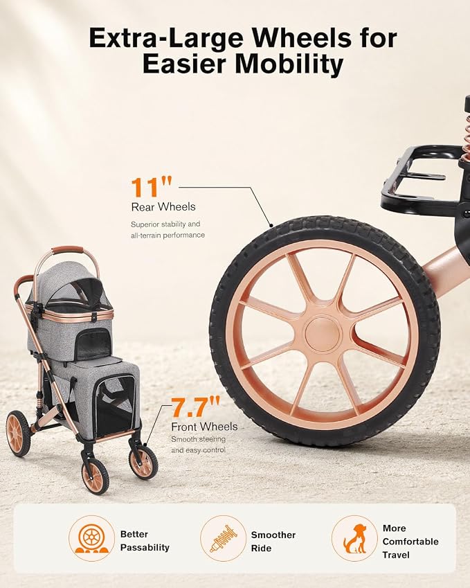 Double Pet Stroller with 2 Detachable Carriers, Shock-Absorbing | Dog & Cat Stroller for Small/Medium Pets, Convertible Car Seats, Foldable Design, 4-Wheel Smooth Ride
