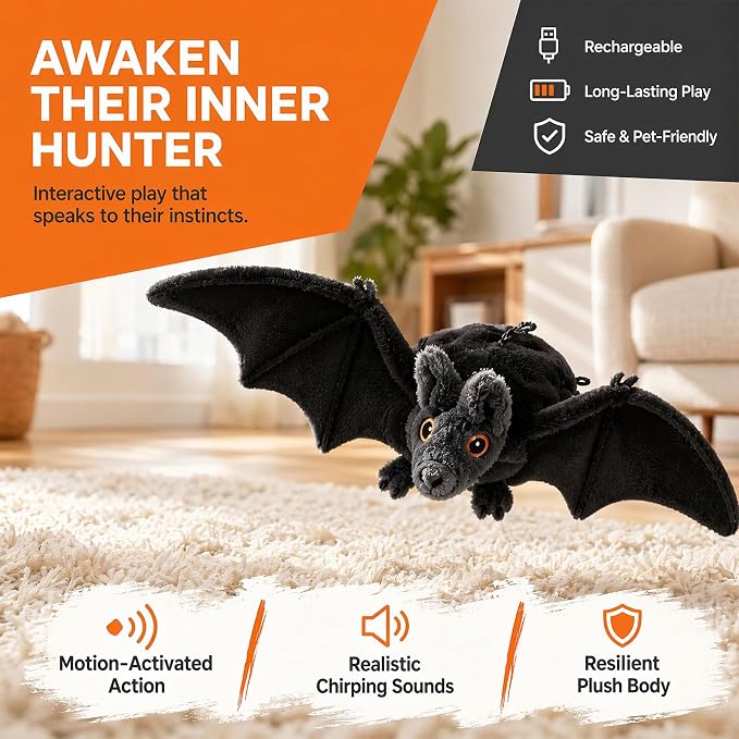 Interactive Flying Bat Dog Toy, Flapping Wings Cute Bat for Indoor Cats & Dogs, Automatic Flapping Wings with Chirping Sounds, Touch Activated, Rechargeable for Solo Play，Manual+Remote