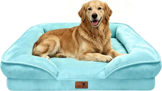 Spotted Play Orthopedic Dog Bed with Sides - Sofa Beds for Extra Large Dogs, Supportive Foam Pet Couch Bed with Washable Removable Cover, Waterproof Lining and Non-Slip Bottom, Ice Blue - XL