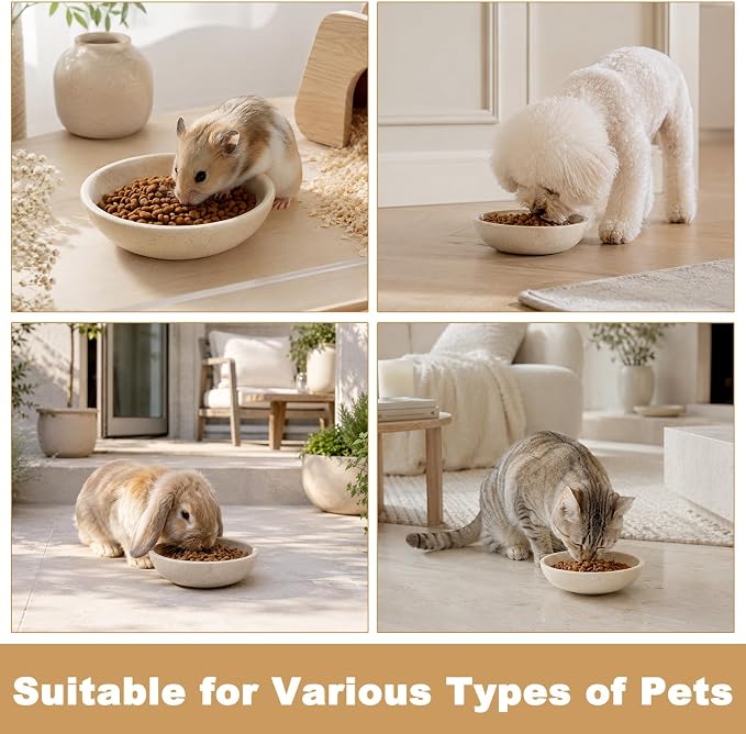 Karibiber Natural Marble Cat Bowl, Weighted 1.5lb Cat Food Bowl for Cat and Small Dog, Small Animal Pet Food Dish Non-Slip, Shallow Dish for Whisker Fatigue Relief, Premium Beige Stone for Home Decor