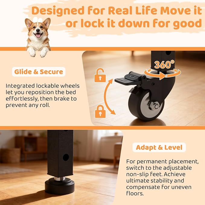 Beside Dog Bed,2 Panels Adjustable Height Dog Bunk Beds,35.4”x23.6” Metal Frame & Cushion, Converts to Bunk Bed or Bed Extension Attachment for Human Bed, for Medium Dogs