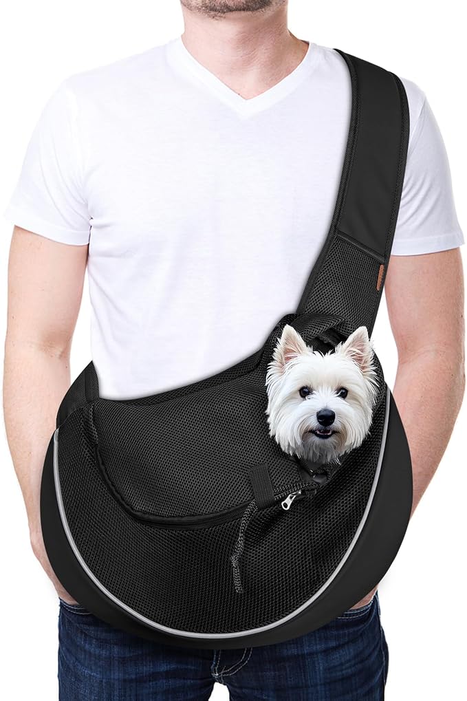YUDODO Pet Sling Carrier for 10-15 lbs Small Dogs Puppy Crossbody Carrier | Hands-Free, Safety Hook, Large Zipper Pocket, Soft Breathable Mesh, Adjustable Strap, Reflective Strip, Black2.0, L