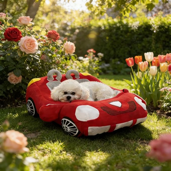 Fun Car Shaped Pet Bed Dog Beds Removable Pillow Washable Pet Bed Cat Beds Fulffy Anti-Slip Pet Sleeping Mat Accessories Indoor and Outdoor Large,Medium,Small Dogs Breeds (Red 2)