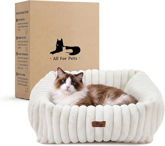 Cute Dog Bed for Small Dogs & Cats,Washable Fluffy Cat Beds for Indoor Cats, Rectangle Orthopedic Memory Foam Puppy Beds with Anti-Slip Bottom, 20 x19 x 7 Inches, Cream(20x19x6inchs)