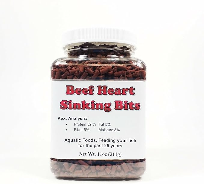 Aquatic Foods Inc. Beef Heart Sinking Bits, APX 1/8" x 5/16" Beef Heart Bits Perfect for Small Discus, Small & Medium Cichlids, All Tropical Fish - 11 oz Small Jar