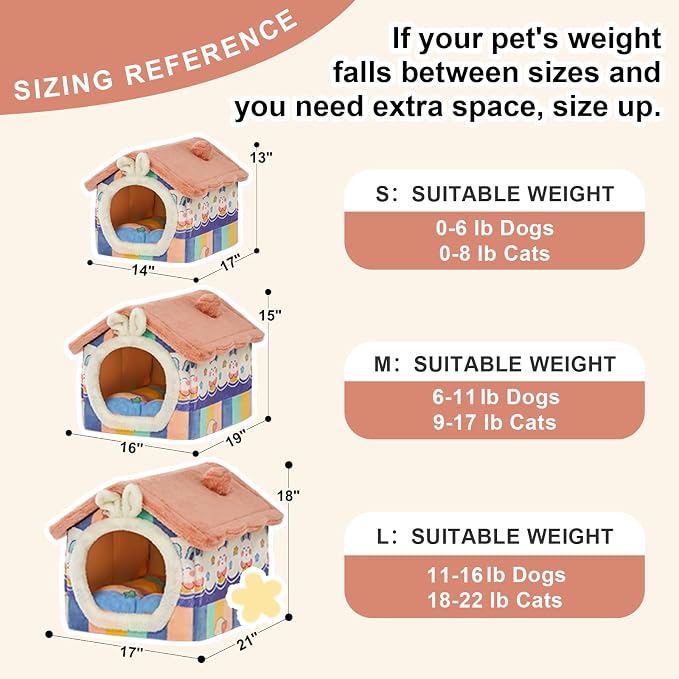 Cute Small Dog House Indoor,Foldable House Kennel Bed Mat with Cushion | L Size Tent for 11-16 lb Dogs and 18-22 lb Cats, Dog Cave Bed with Non-Slip Bottom,Rainbow,Soft Cozy Dog Cave Bed